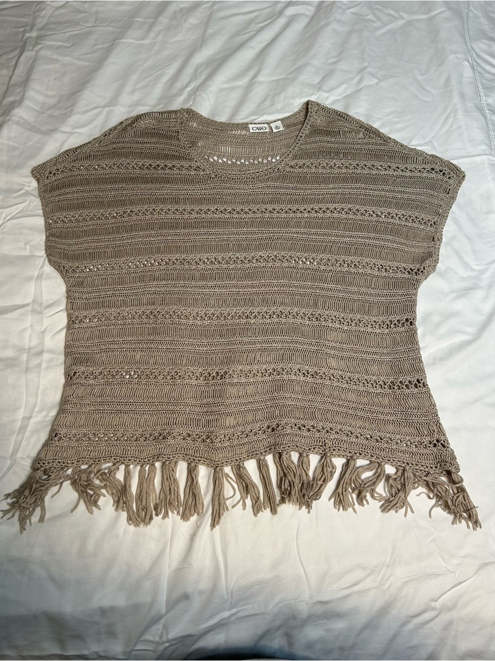Cato Taupe Openwork Crochet Fringe Short-Sleeve Sweater